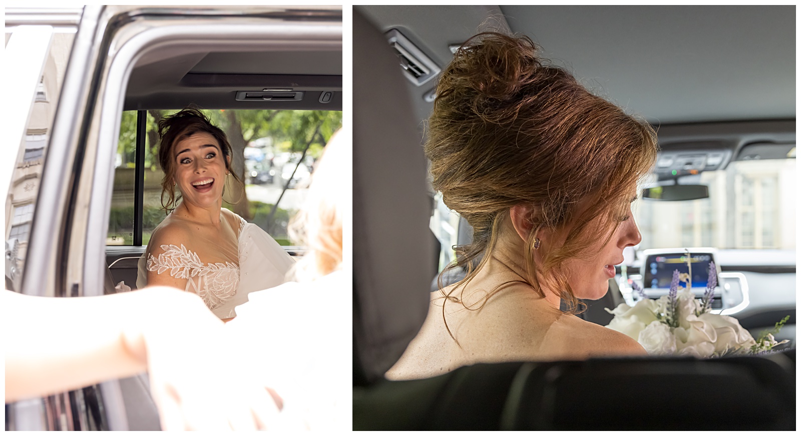 Bride smiling while getting into Uber Black on her Washington DC wedding day