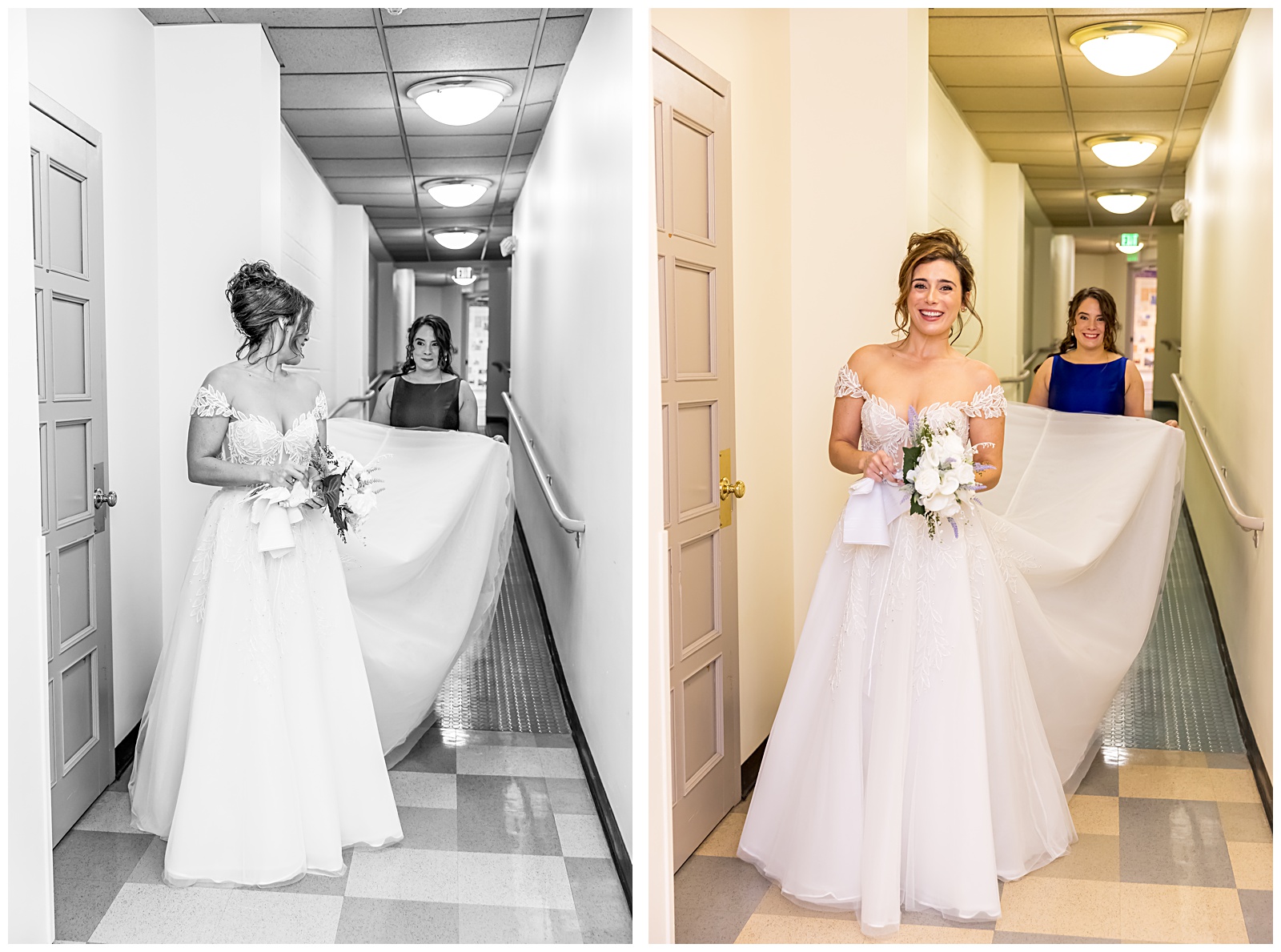 Bride walking down hallway with sister holding train before first look with father