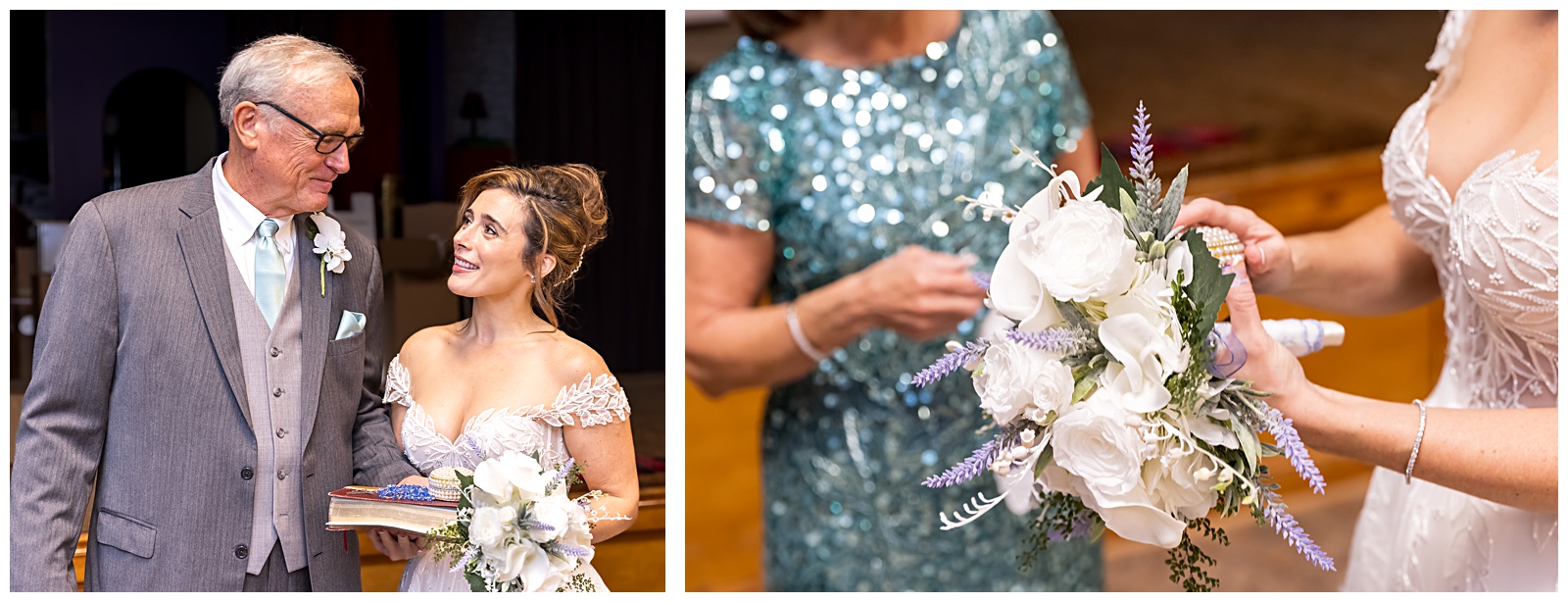 Father wiping tears after seeing bride in lace gown during first look at Omni Shoreham