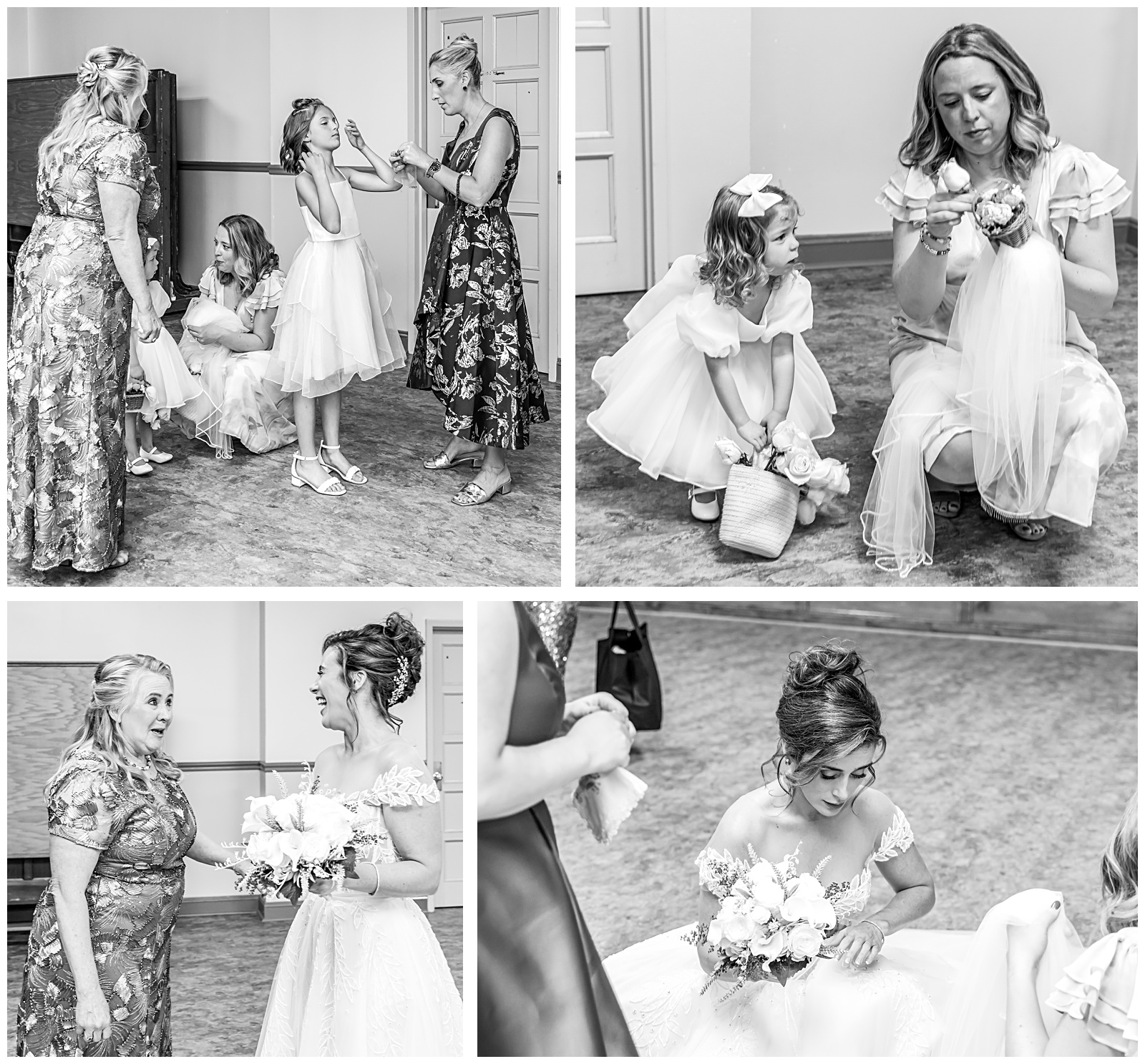 Bride, bridesmaids, and flower girl getting ready before church wedding ceremony in DC