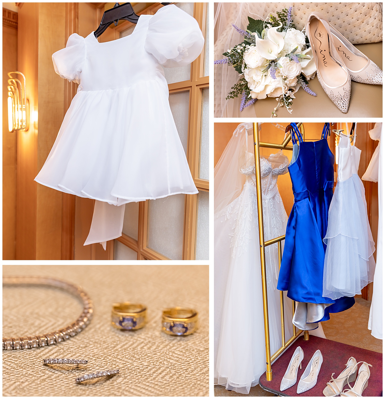 Flower girl dress, bridal shoes, and bouquet displayed before DC wedding