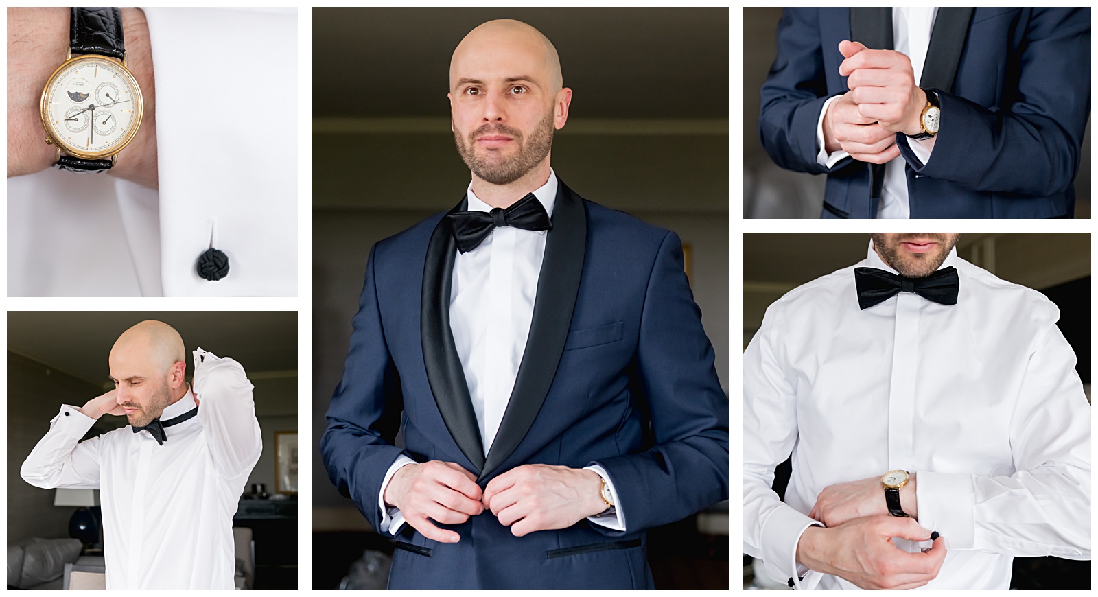 Groom fixing black bow tie in hotel suite before DC church wedding ceremony