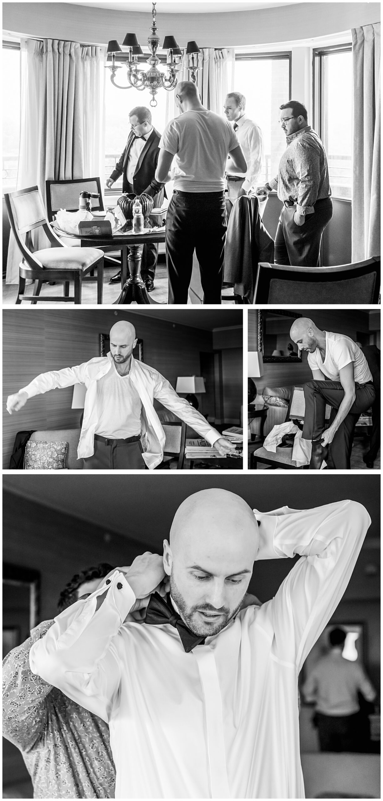 Groom and groomsmen preparing in hotel suite before DC wedding ceremony