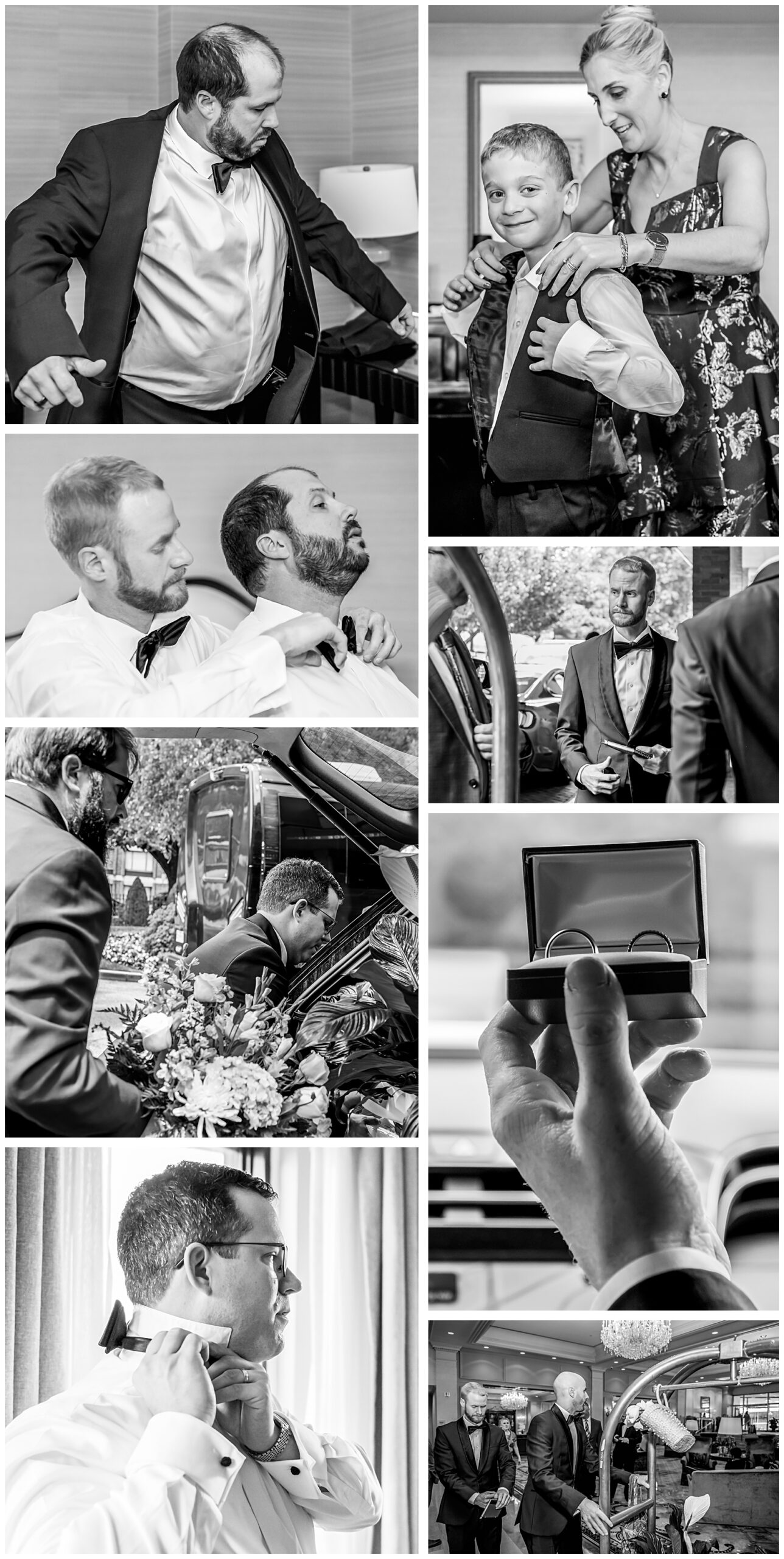 Groomsman adjusting bow tie in hotel suite