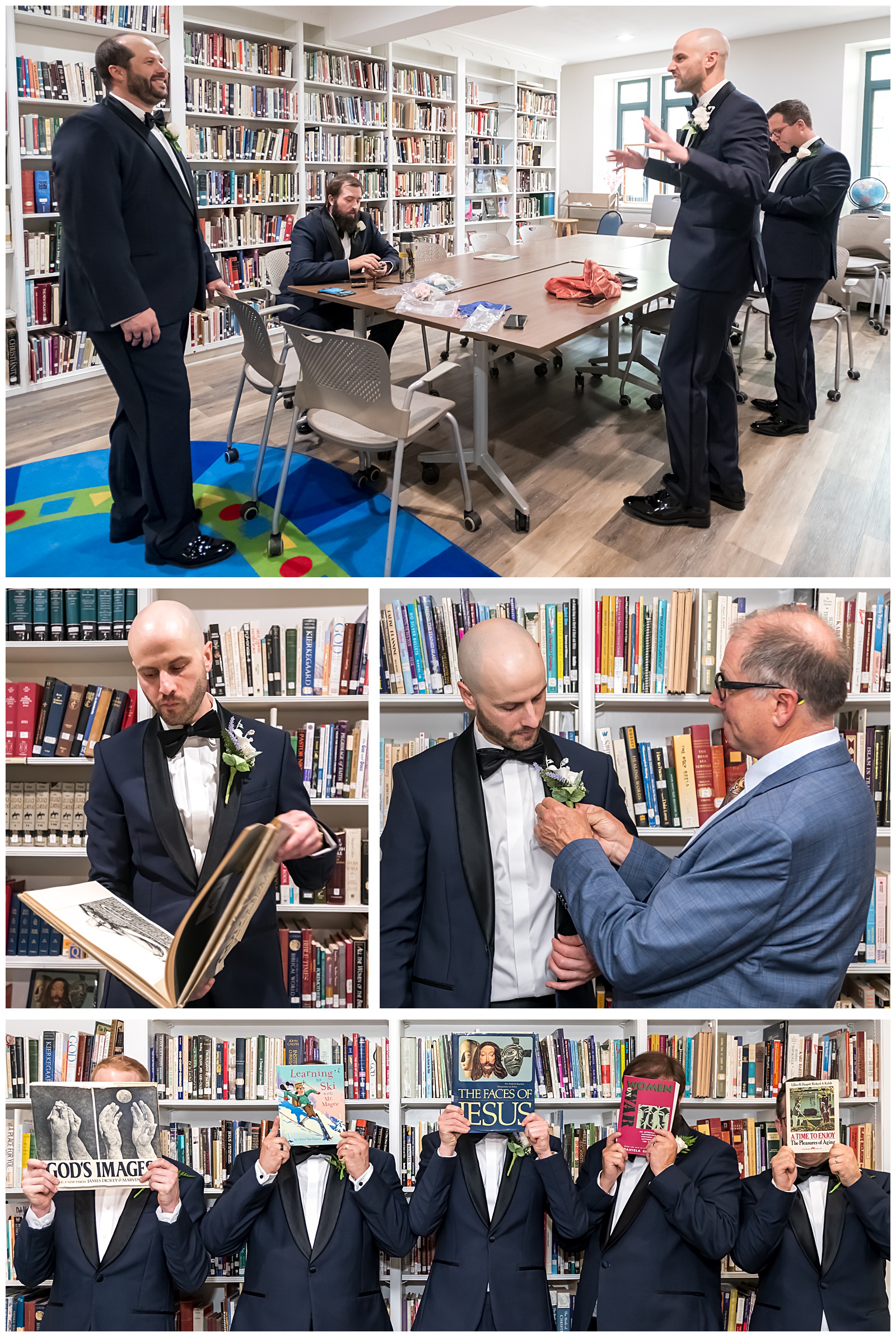 Groom and groomsmen relaxing in church library before DC wedding ceremony.