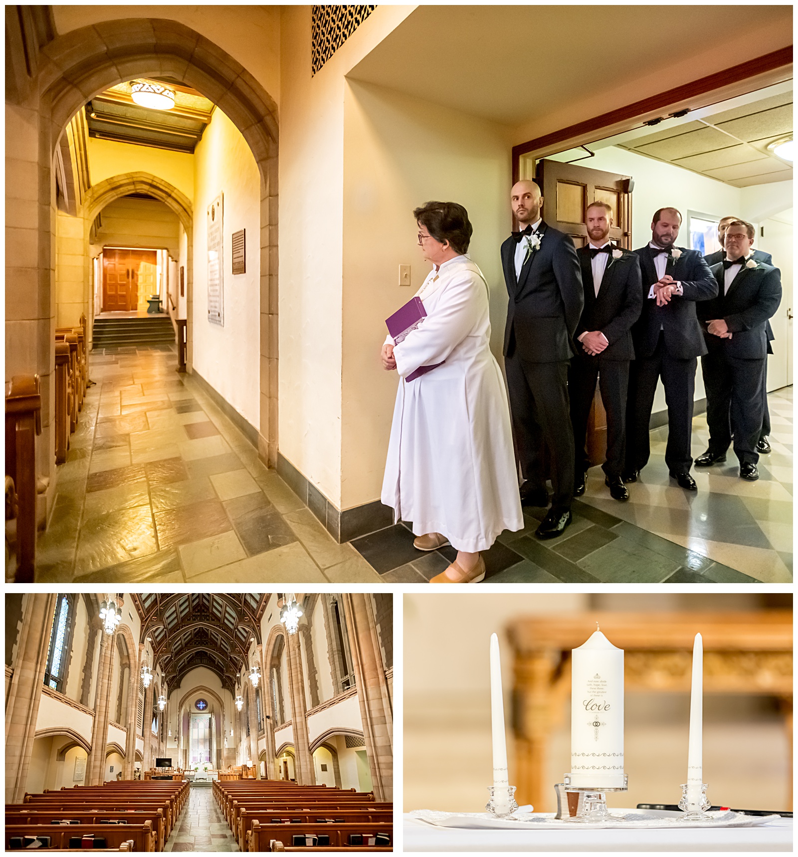 Priest leading groom and groomsmen into DC church wedding ceremony