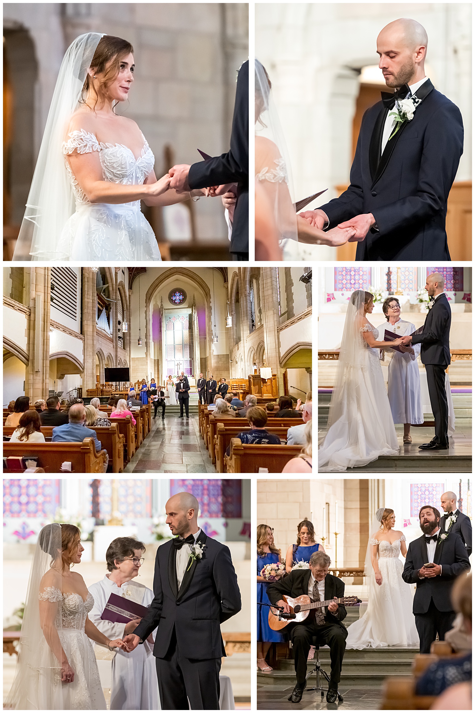 Bride and groom holding hands at altar as father steps aside