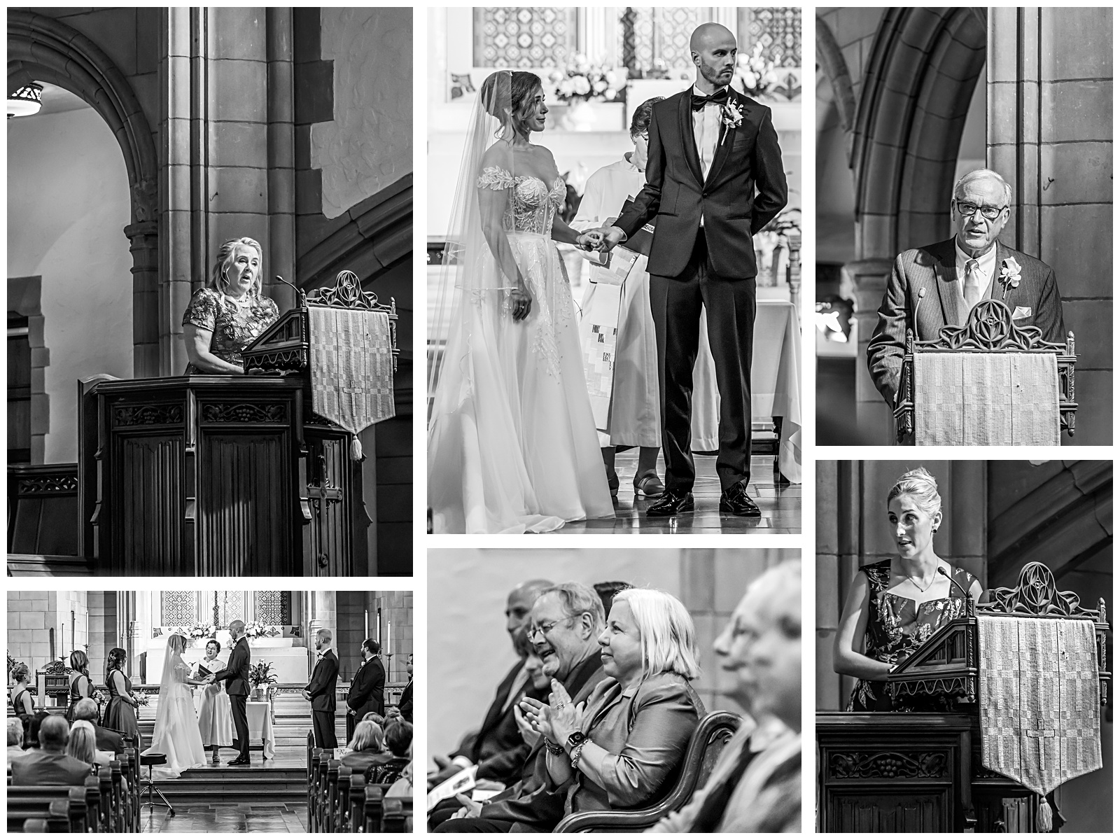 Bride and groom standing at altar with officiant during ceremony