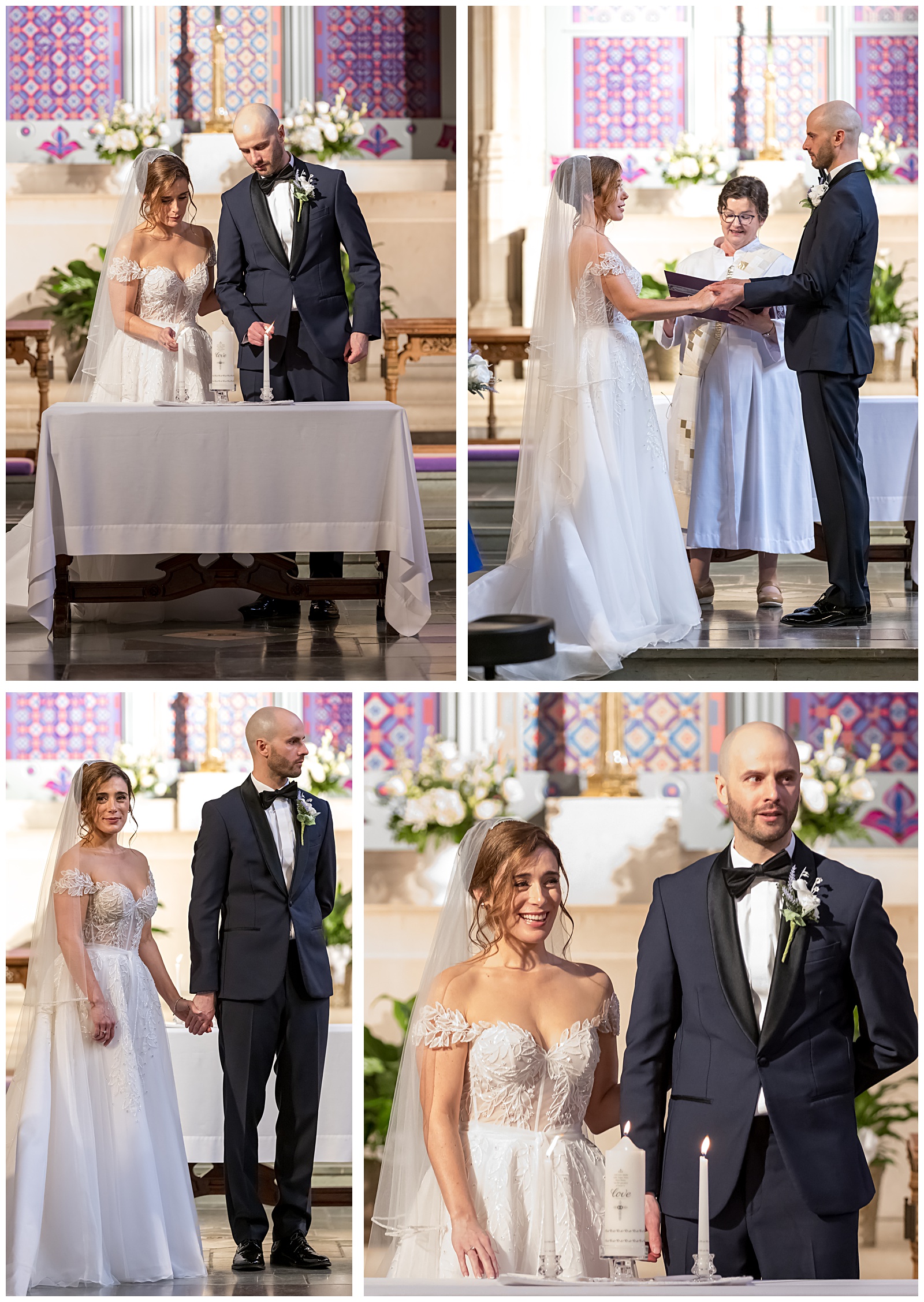 Bride and groom holding hands with officiant leading vows