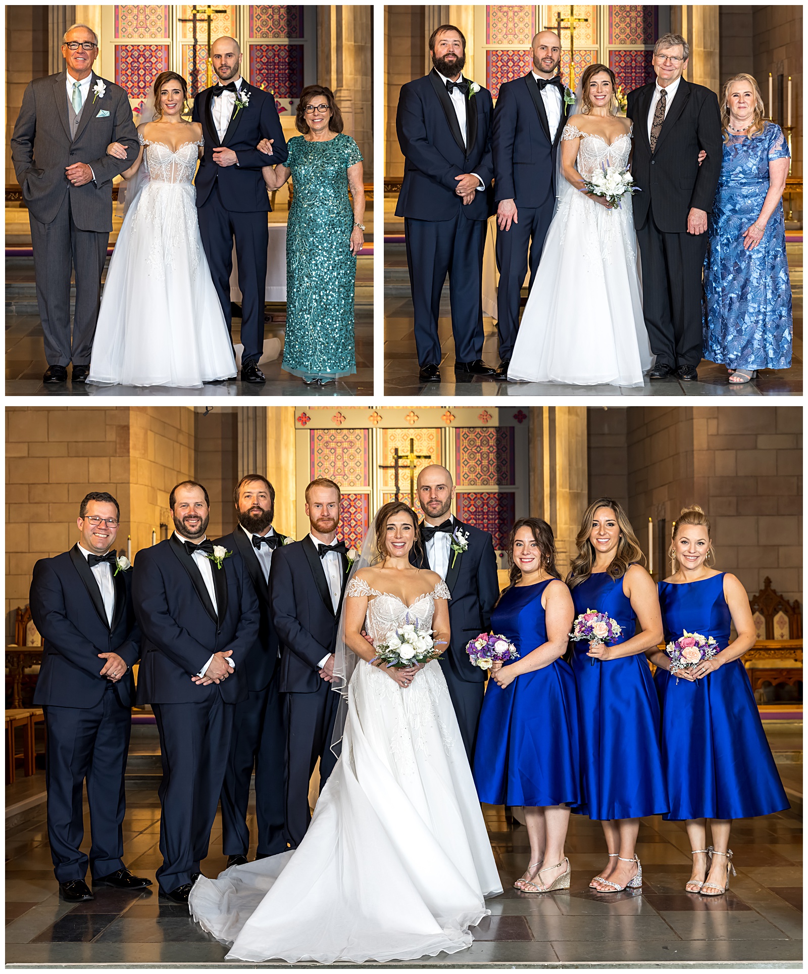 Full wedding party in cobalt blue bridesmaid dresses at DC church