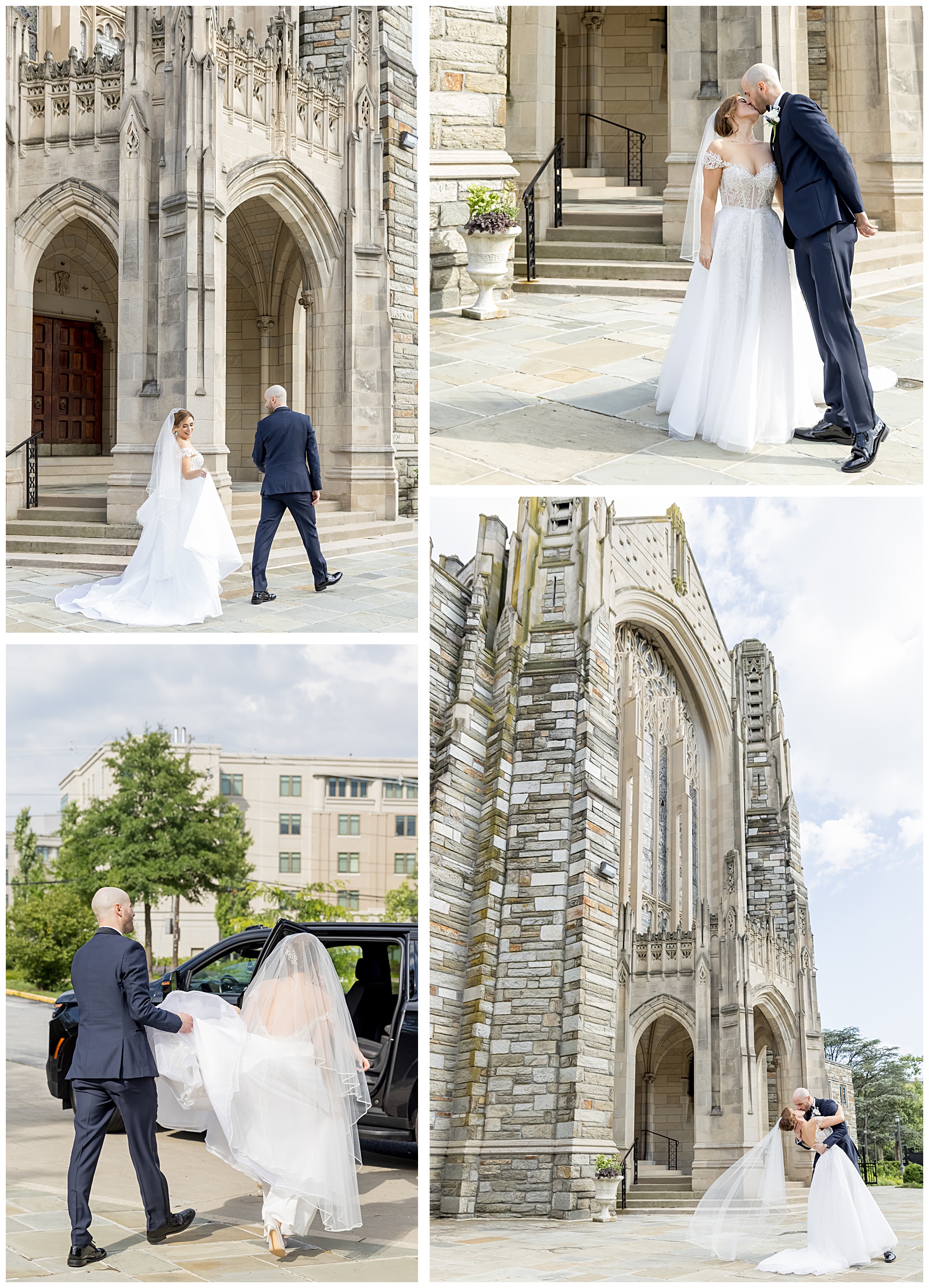 Bride and groom kiss outside historic church in DC wedding celebration