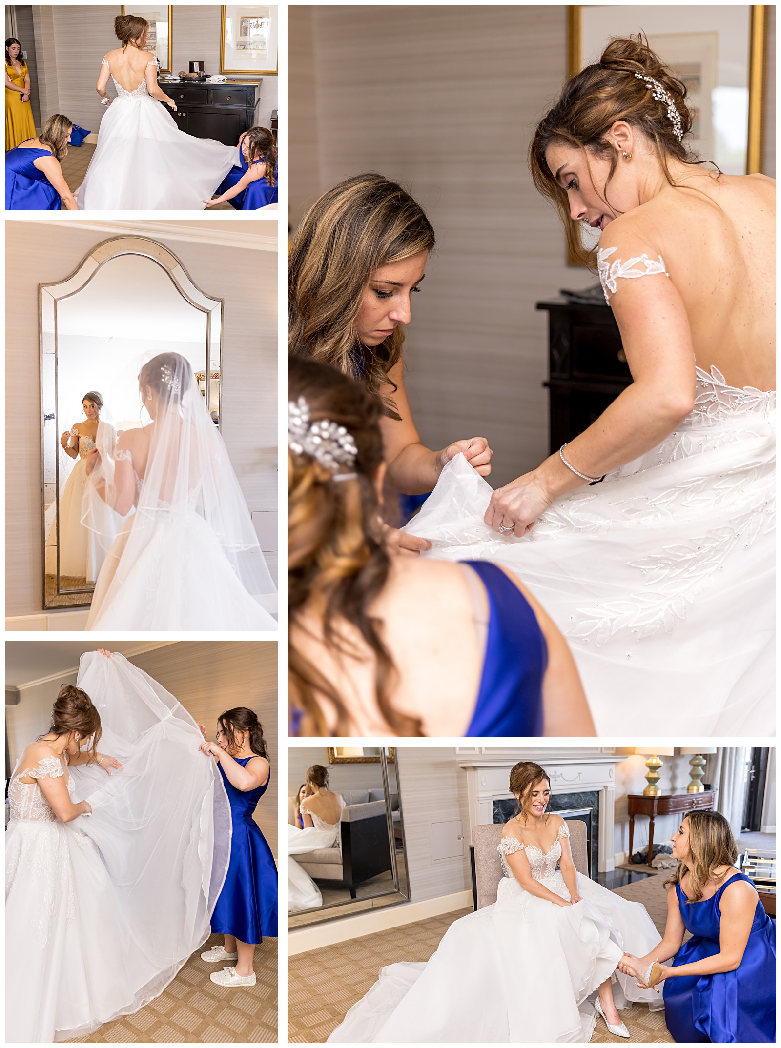 Bridesmaids helping the bride adjust her lace wedding gown before the Omni Shoreham reception in DC