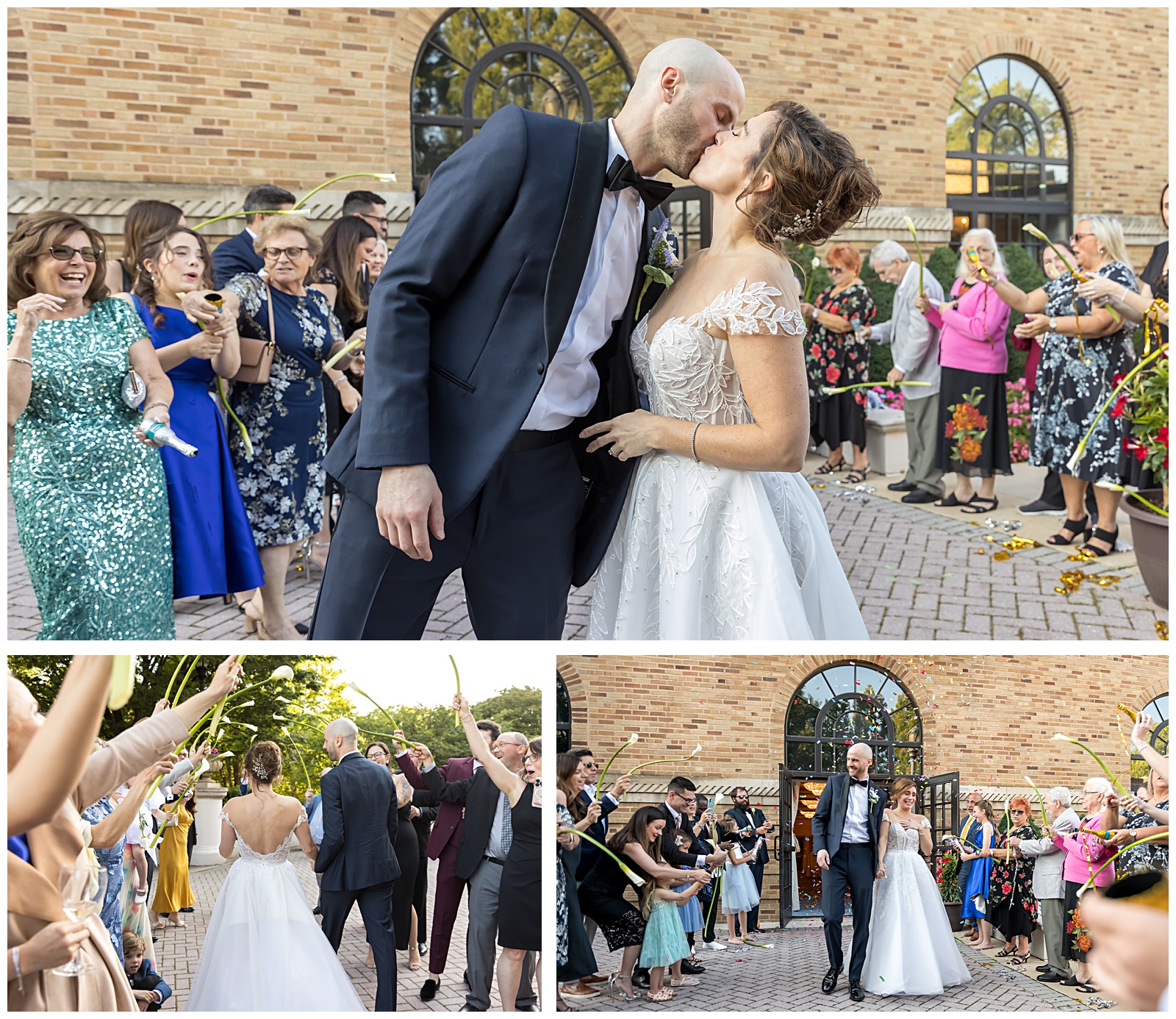 Bride and groom kissing and celebrating as guests toss confetti during their Omni Shoreham wedding reception entrance in DC
