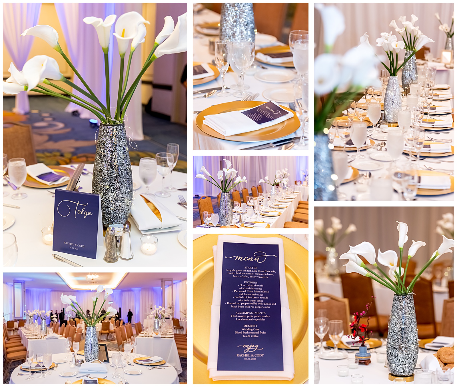 Omni Shoreham wedding reception ballroom decorated with calla lily centerpieces, navy menus, and gold accents in Washington DC
