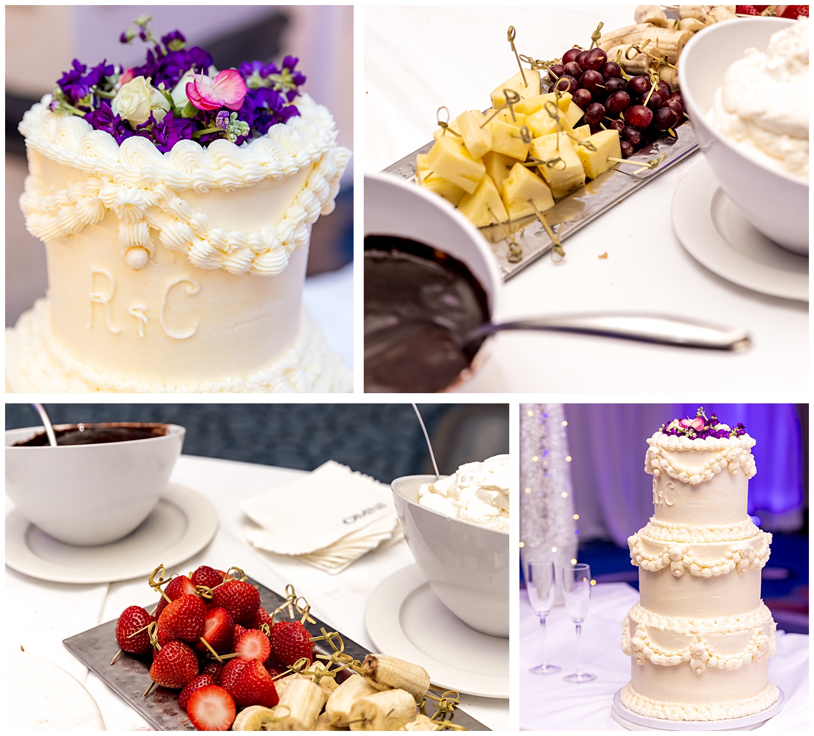 Three-tier almond berry wedding cake with floral accents by Sweet Crimes bakery at a Washington DC wedding reception