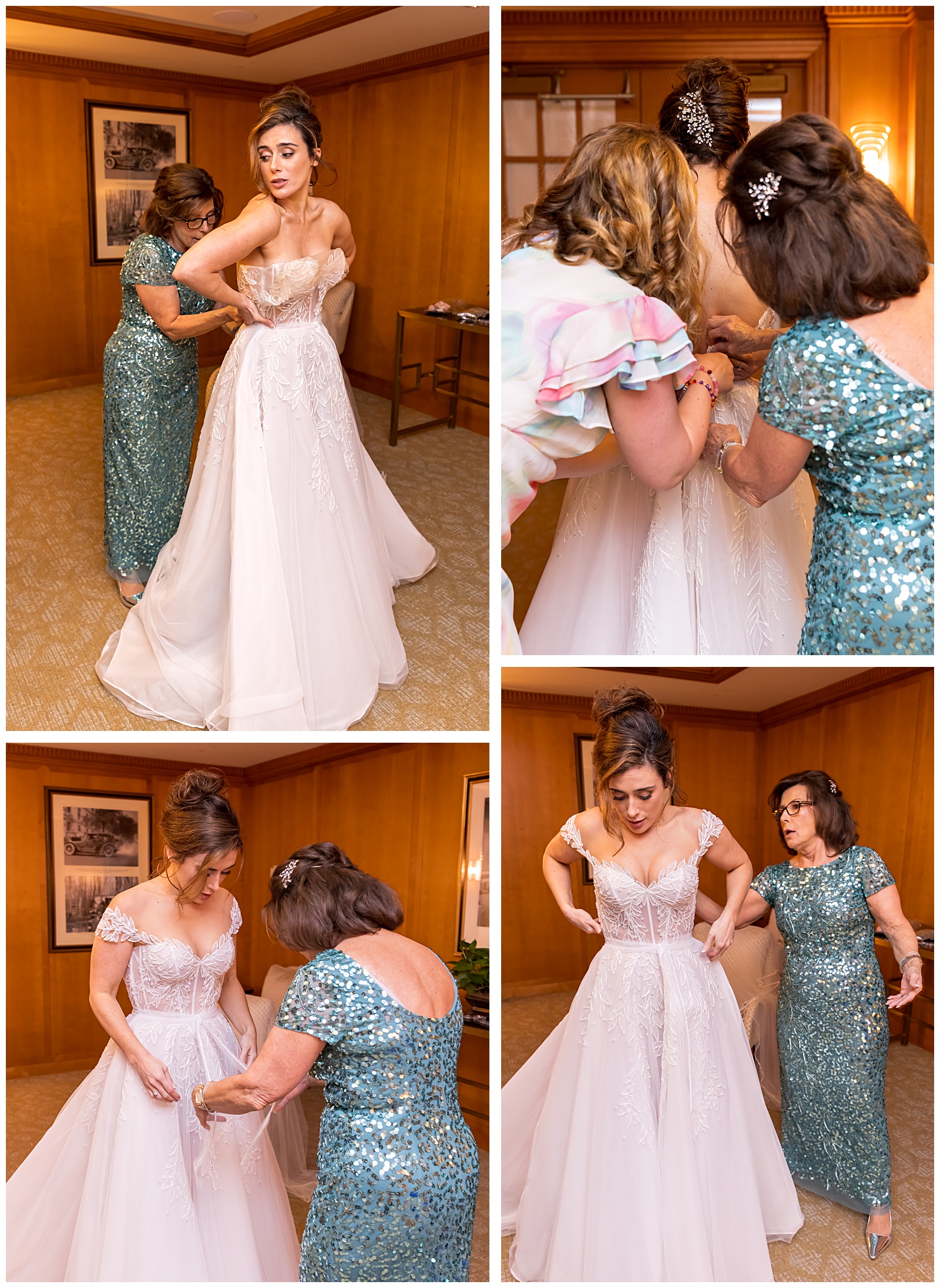 Bride getting dressed with mother’s help at Omni Shoreham hotel room