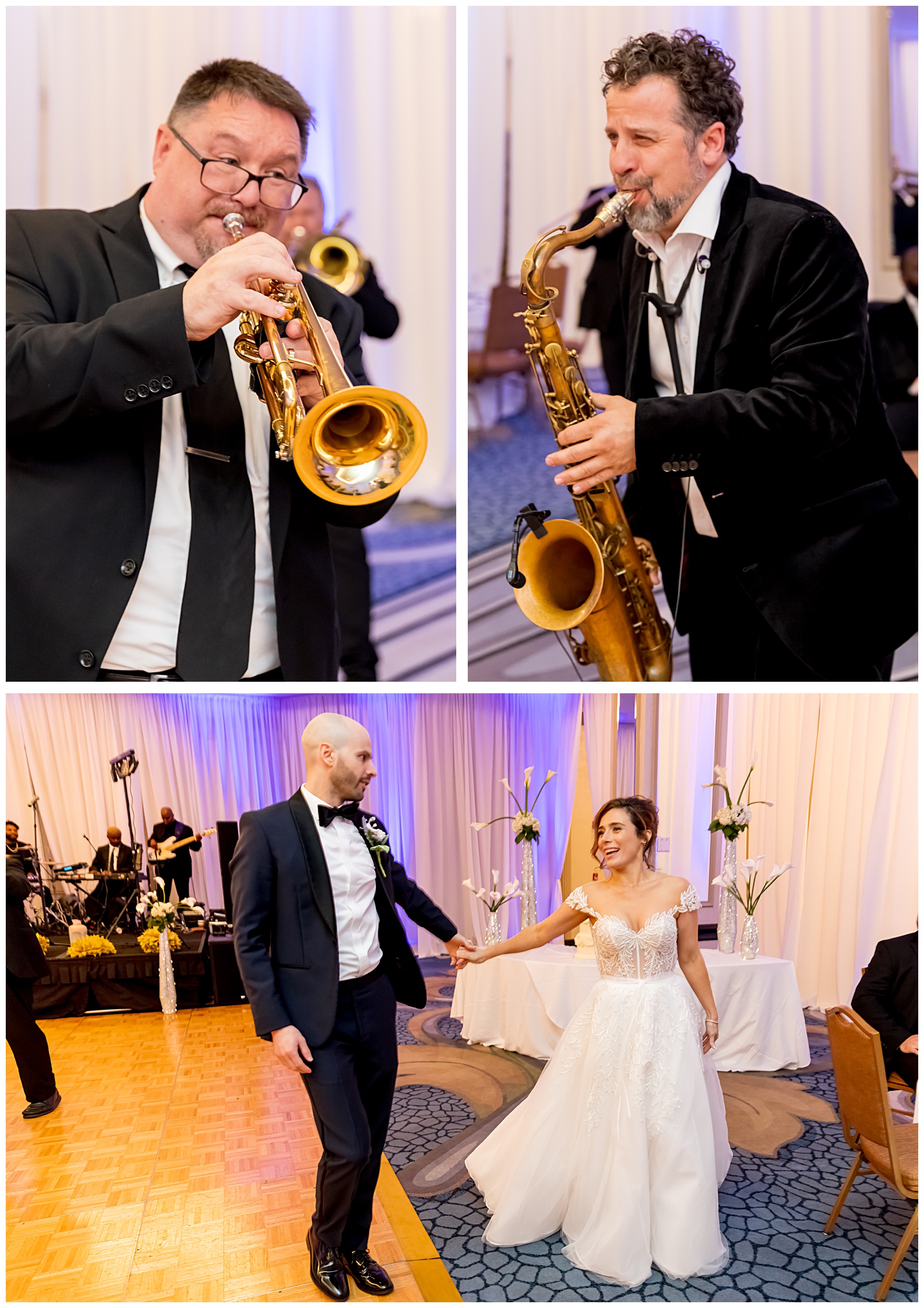 Live jazz band playing as bride and groom make their wedding entrance at Omni Shoreham in Washington DC