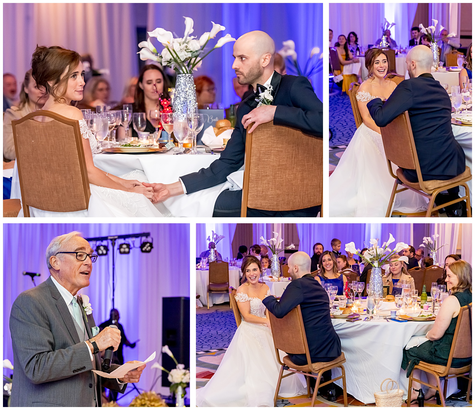Bride and groom clink champagne glasses while seated at their wedding reception in Washington, DC