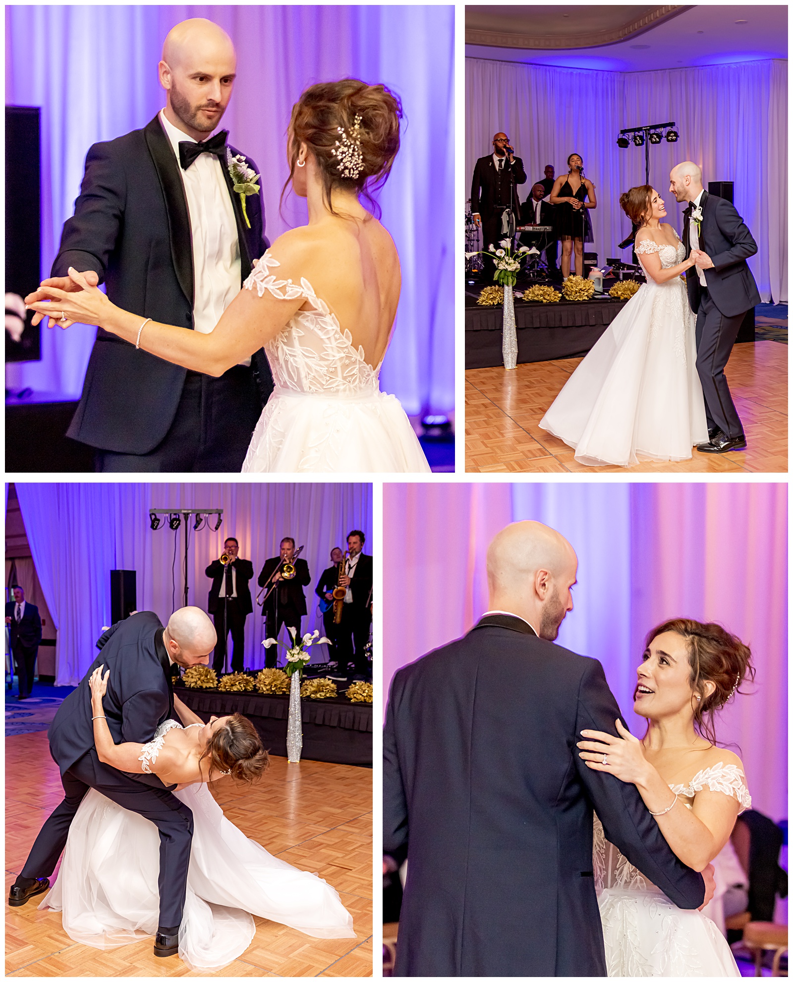 Bride and groom share a romantic first dance on the ballroom floor at their Woodley Park wedding reception