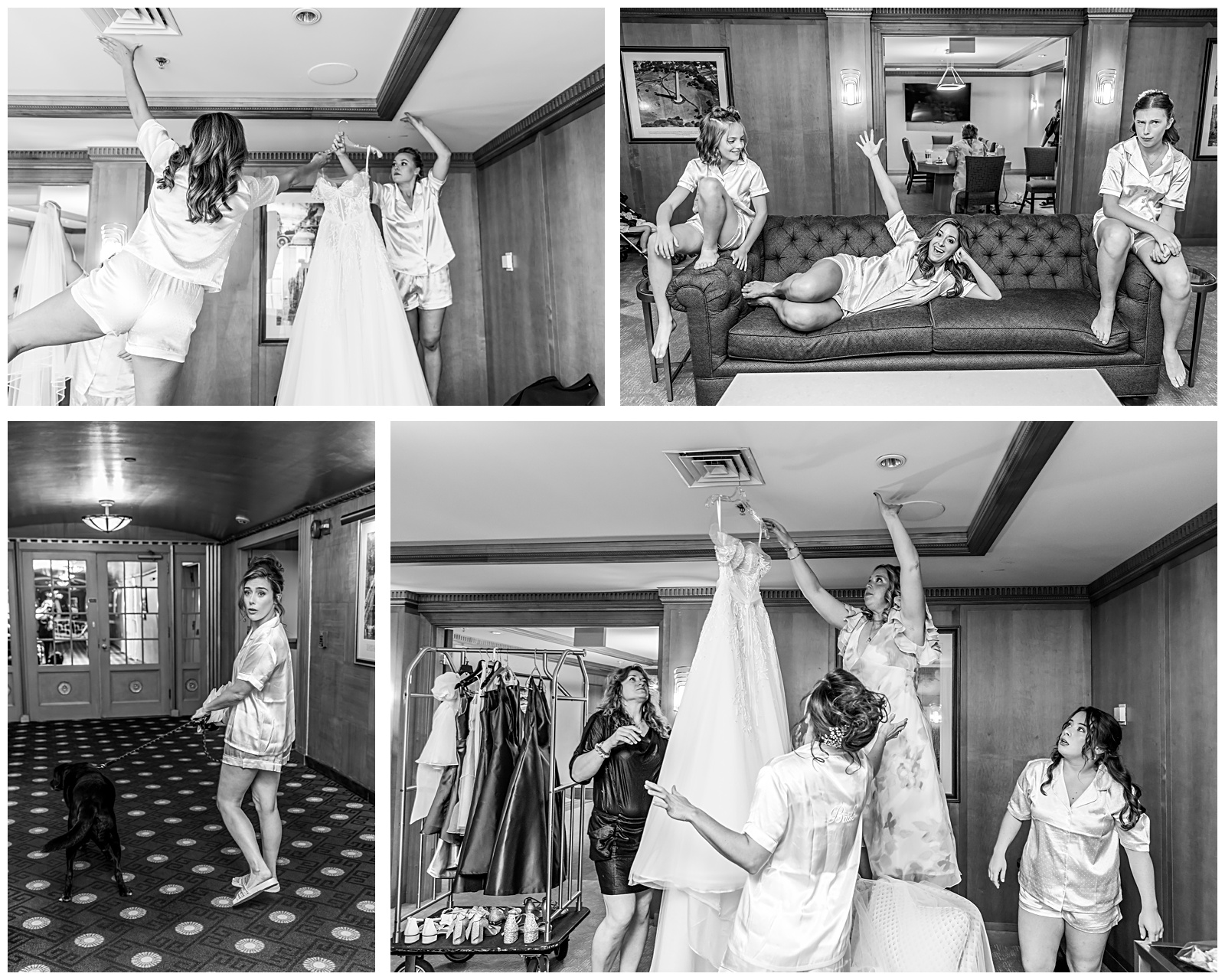 Bridesmaids adjusting bride’s gown during wedding morning in DC