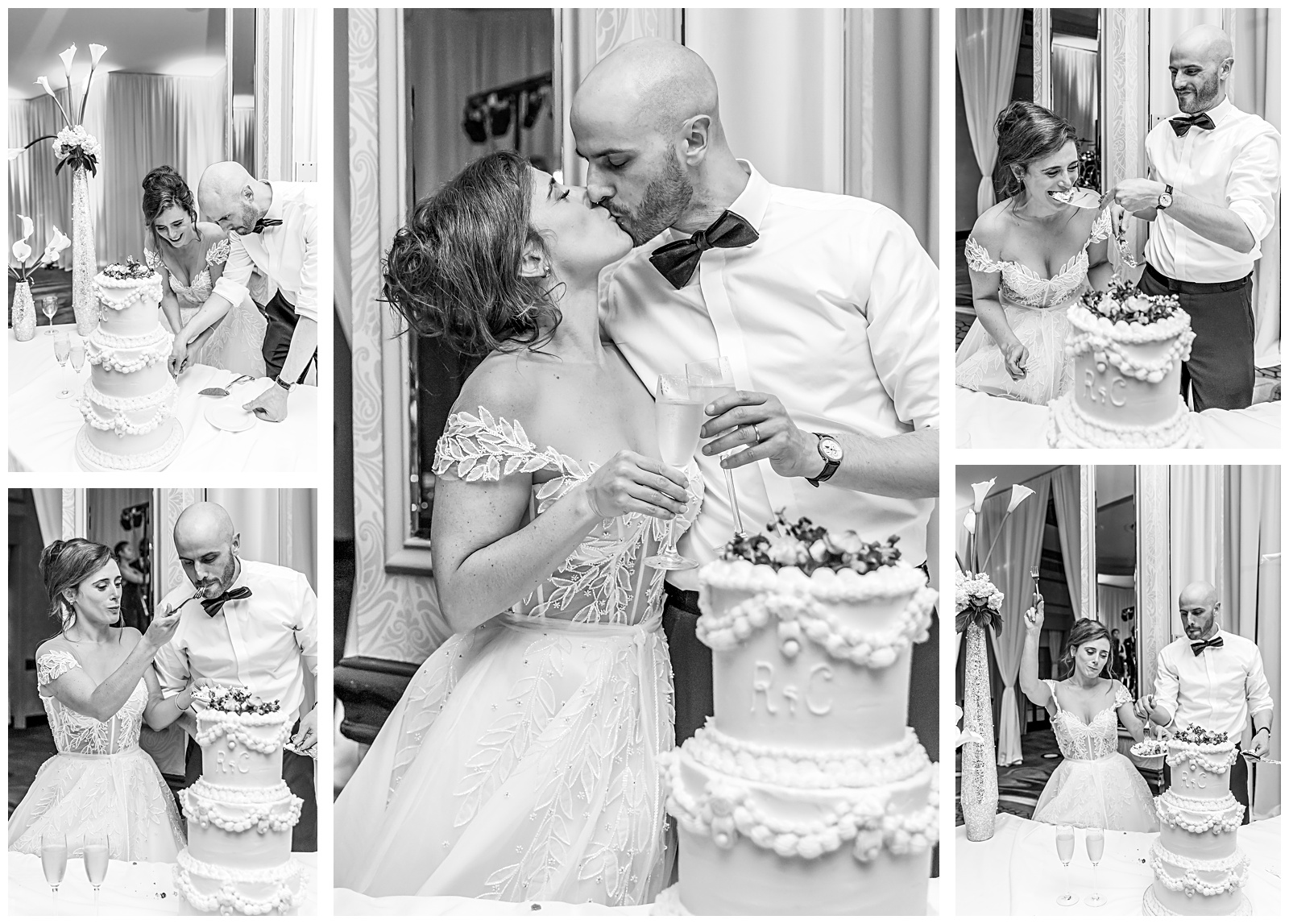 Bride and groom cut and enjoy their almond berry wedding cake at the Omni Shoreham reception