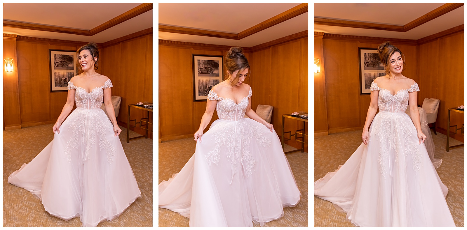 Bride in lace gown smiling before church ceremony in Washington DC