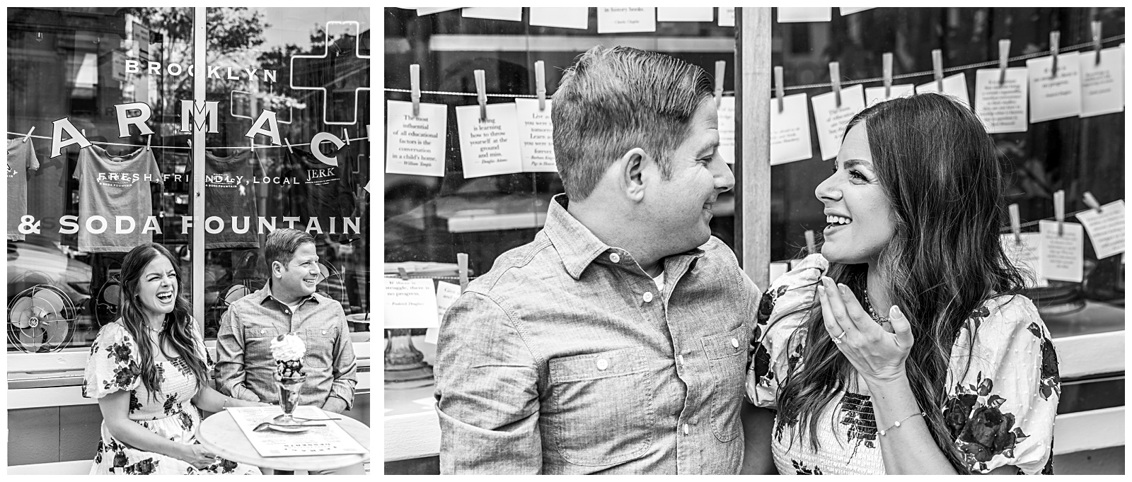 Couple sharing ice cream at Brooklyn Farmacy during their DUMBO engagement session.