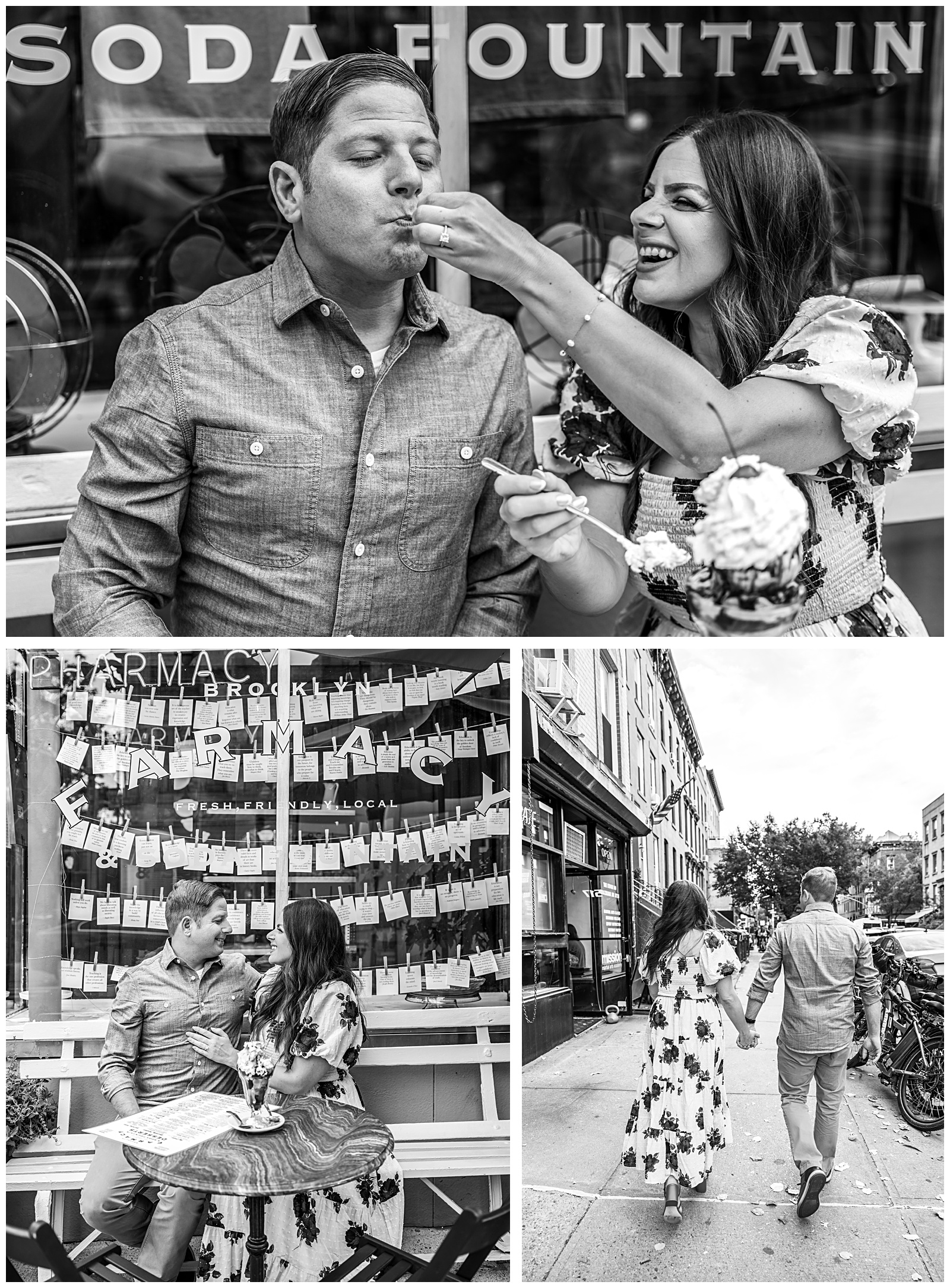 Stefanie and Brad walking along Emily Warren Roebling Plaza with Brooklyn Bridge views, captured by a DUMBO engagement photographer.