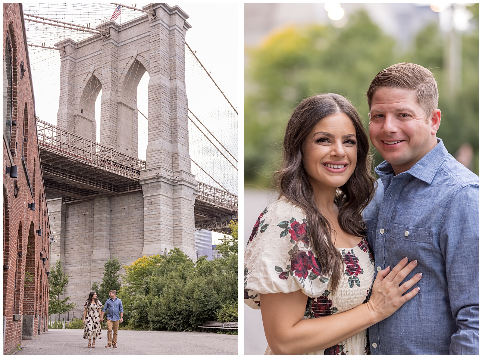 Stefanie and Brad walking hand-in-hand along Emily Warren Roebling Plaza during their engagement session.