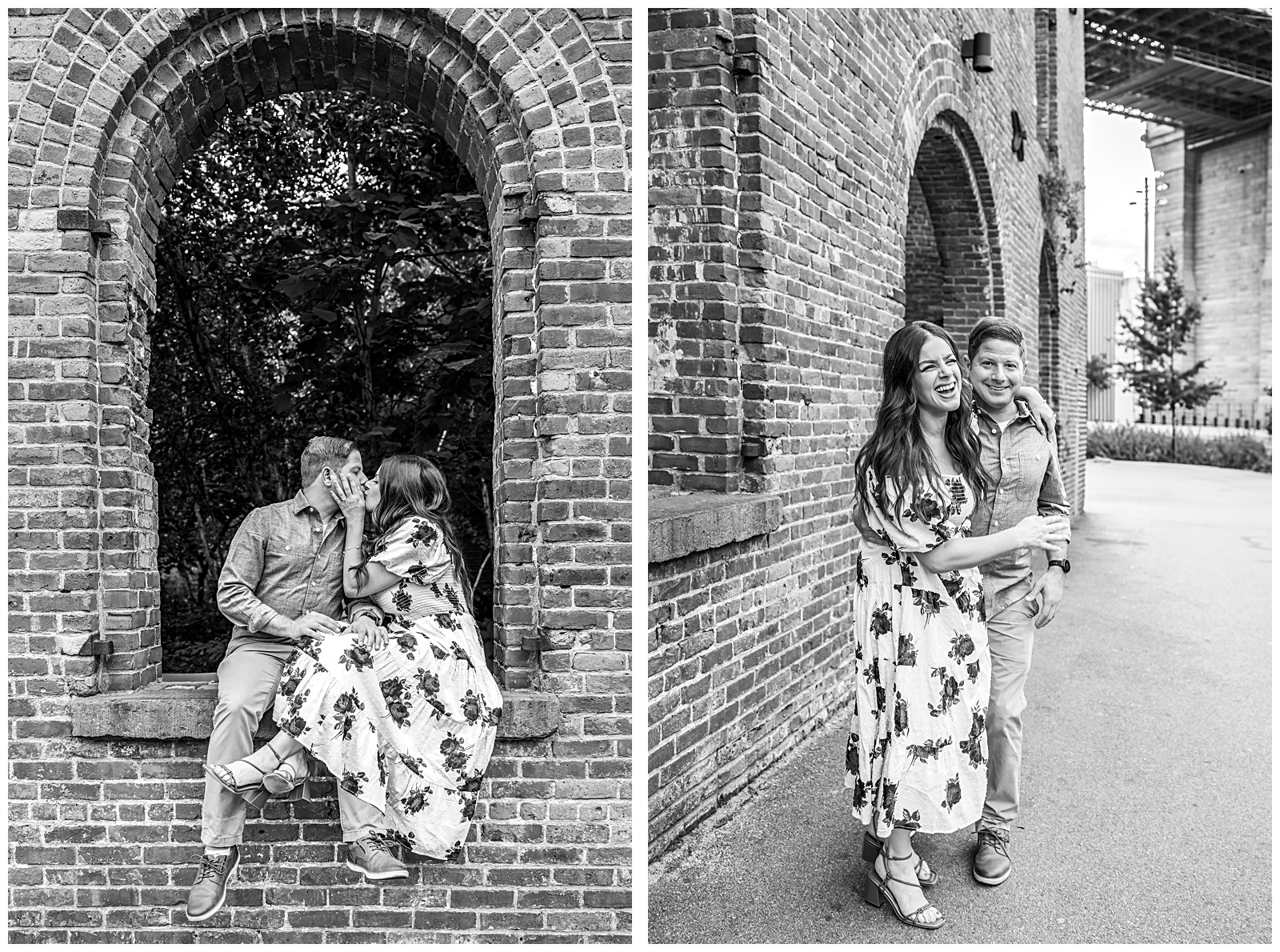 Editorial-style engagement portrait of Stefanie and Brad at St. Ann’s Warehouse in DUMBO.