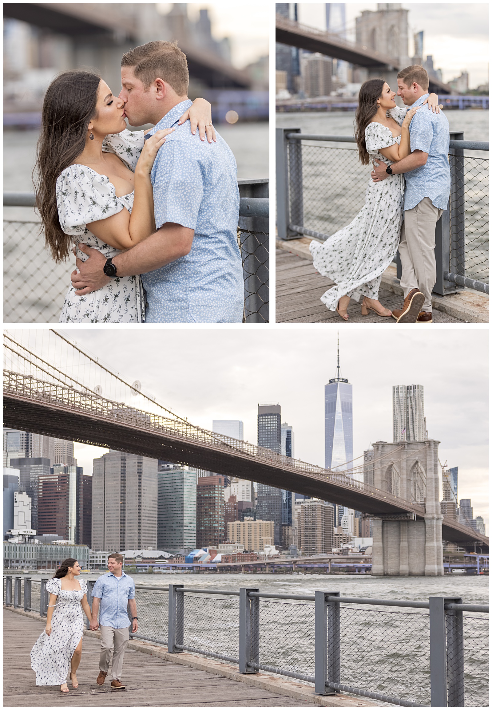 Couple laughing and walking together on New Dock Street during their Brooklyn engagement session.