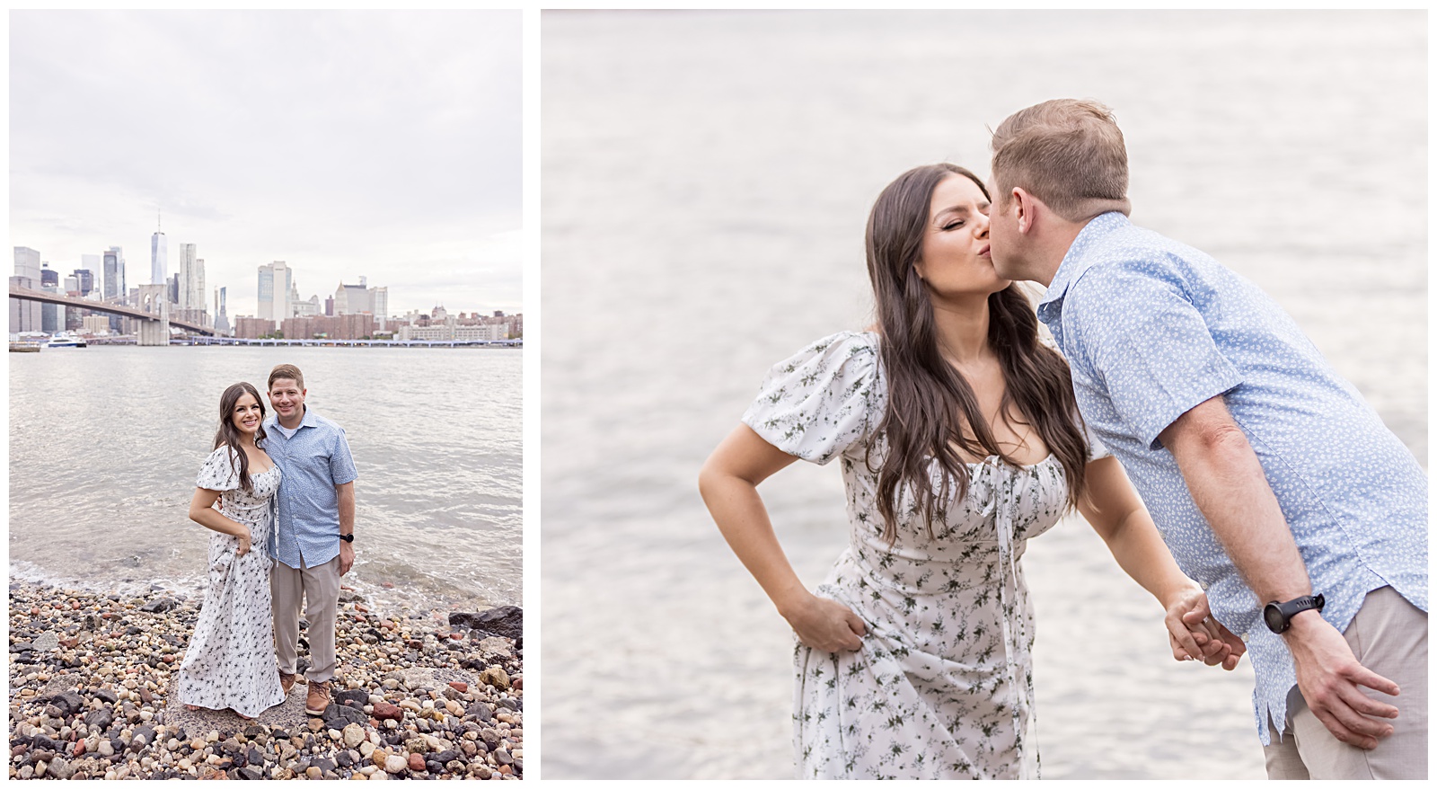 Stefanie and Brad twirling and laughing, captured in a playful editorial moment in DUMBO.