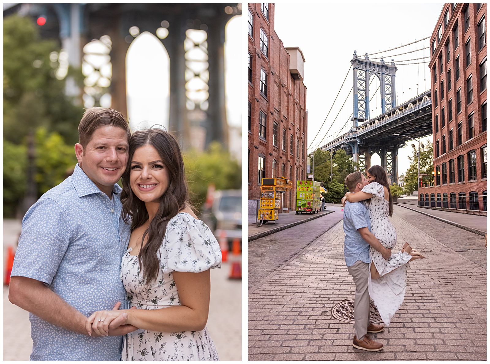Iconic engagement photo on Washington Street with the Manhattan Bridge framed by brick buildings.