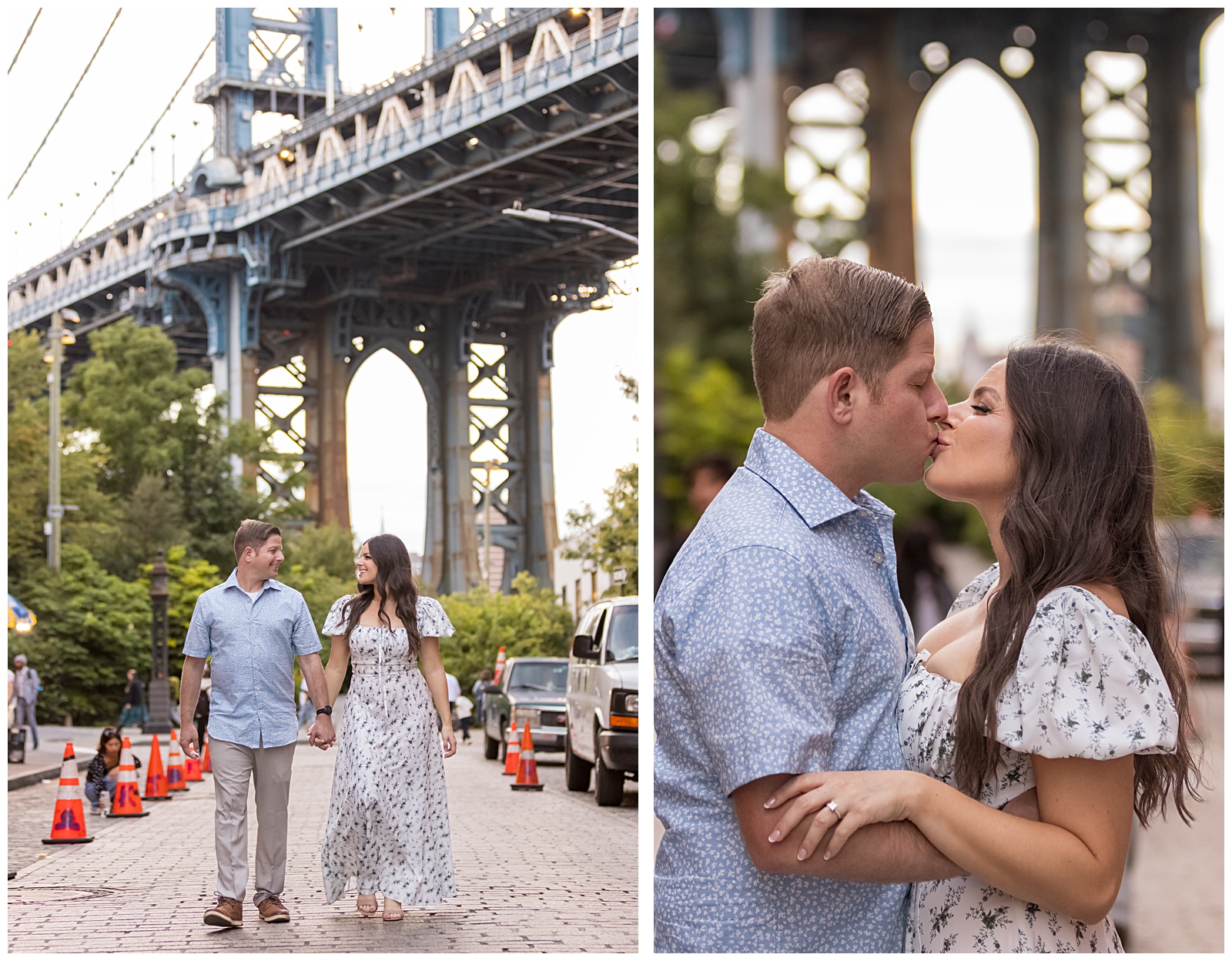 Romantic kiss lift on cobblestones during Stefanie and Brad’s DUMBO engagement session.