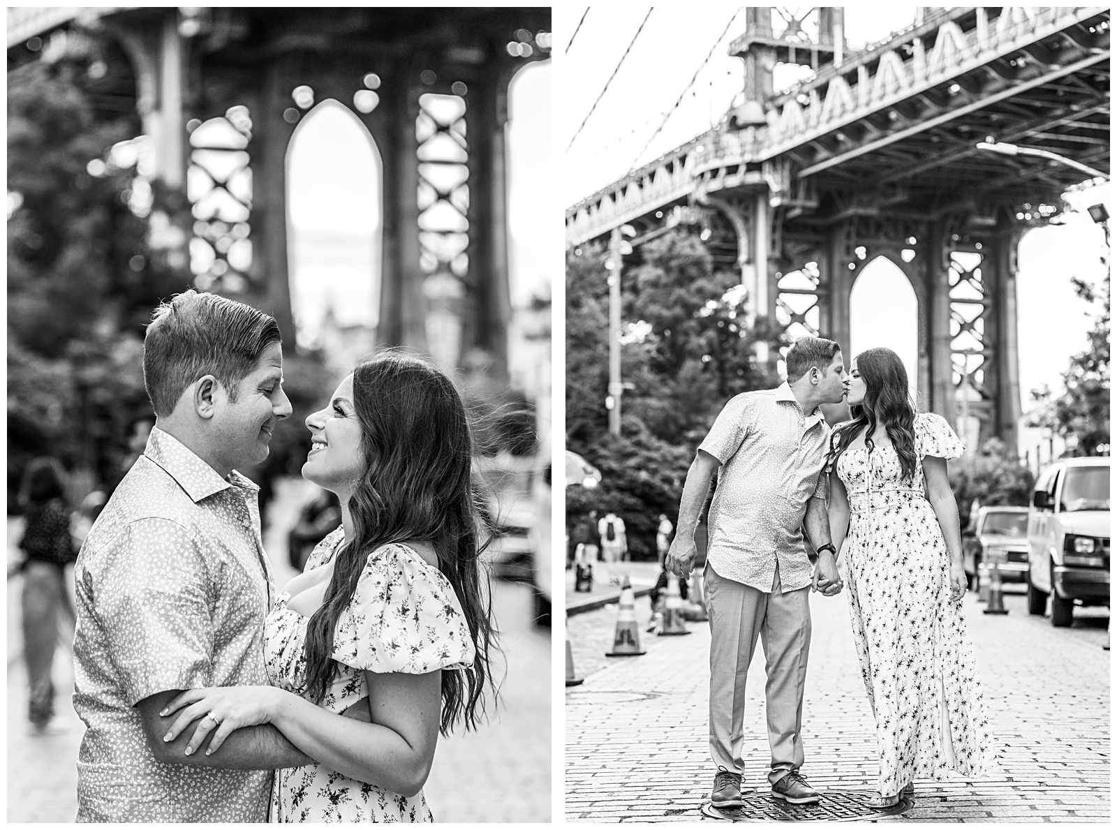 Sunset engagement photo of a couple with Brooklyn Heights skyline and waterfront views.