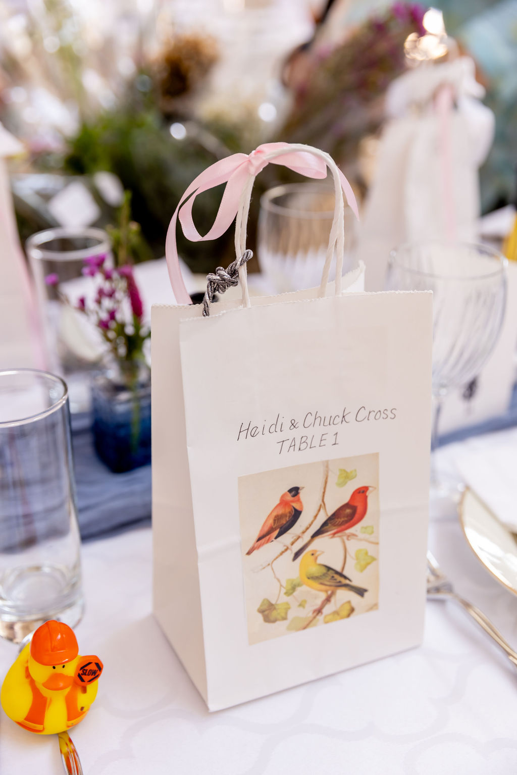 Bird themed wedding table decor at intimate Edgewood Arts Center wedding in Washington DC