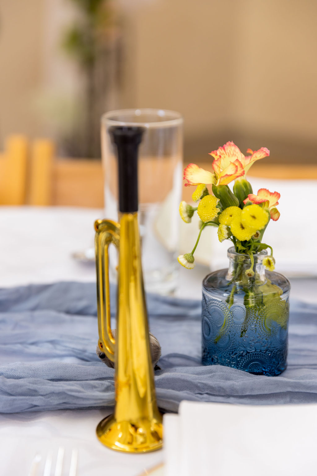 Mini brass horn wedding decor for intimate wedding reception in Washington DC